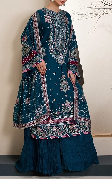 Xenia Teal Blue Chiffon Suit | Pakistani Embroidered Chiffon Dresses USA- Image 3
