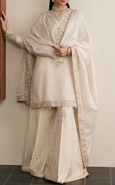 Xenia Beige Zari Suit | Pakistani Embroidered Chiffon Dresses USA- Image 1