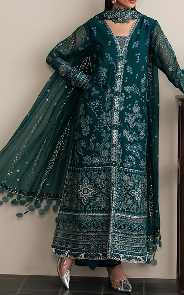 Xenia Teal Chiffon Suit | Pakistani Embroidered Chiffon Dresses USA- Image 1