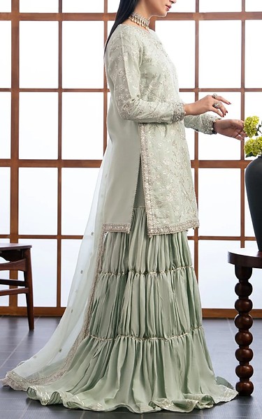 Xenia Light Grey Raw Silk Suit | Pakistani Embroidered Chiffon Dresses USA- Image 1