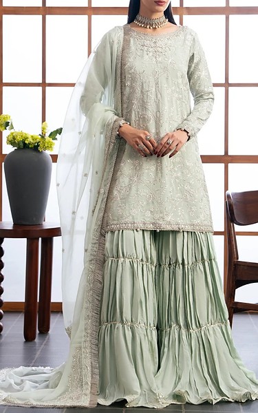 Xenia Light Grey Raw Silk Suit | Pakistani Embroidered Chiffon Dresses USA- Image 2