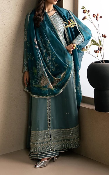 Xenia Slate Raw Silk Suit | Pakistani Embroidered Chiffon Dresses USA- Image 1