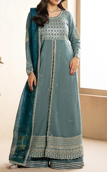 Xenia Slate Raw Silk Suit | Pakistani Embroidered Chiffon Dresses USA- Image 2