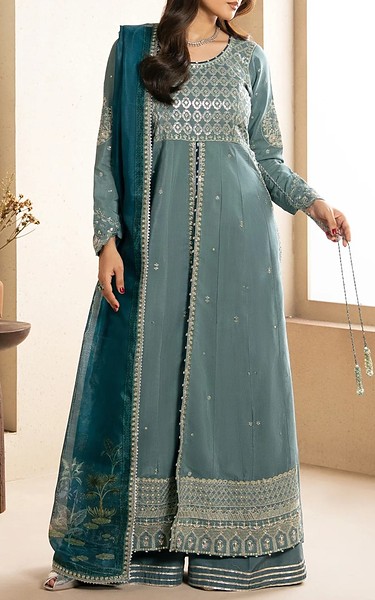 Xenia Slate Raw Silk Suit | Pakistani Embroidered Chiffon Dresses USA- Image 3