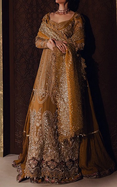 Zarposh Golden Organza Suit | Pakistani Embroidered Chiffon Dresses USA- Image 2