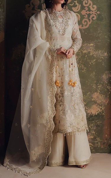 Zarposh Off White Organza Suit | Pakistani Embroidered Chiffon Dresses USA- Image 1