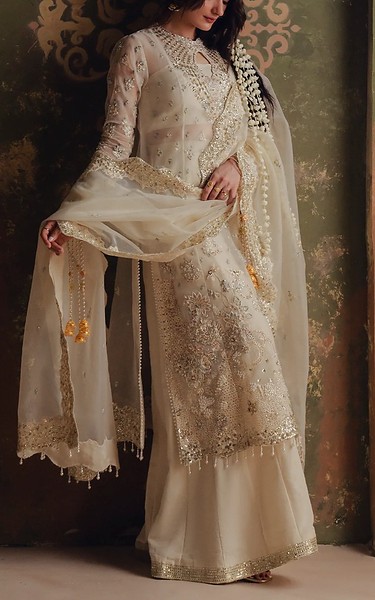 Zarposh Off White Organza Suit | Pakistani Embroidered Chiffon Dresses USA- Image 2