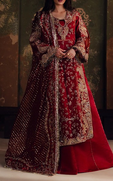 Zarposh Maroon Organza Suit | Pakistani Embroidered Chiffon Dresses USA- Image 1