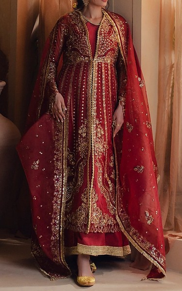 Zarposh Vivid Burgundy Organza Suit | Pakistani Embroidered Chiffon Dresses USA- Image 1