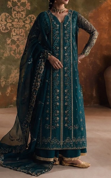 Zarposh Teal Organza Suit | Pakistani Embroidered Chiffon Dresses USA- Image 1