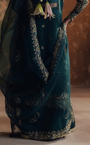 Zarposh Teal Organza Suit | Pakistani Embroidered Chiffon Dresses USA- Image 2