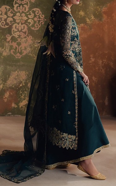 Zarposh Teal Organza Suit | Pakistani Embroidered Chiffon Dresses USA- Image 3