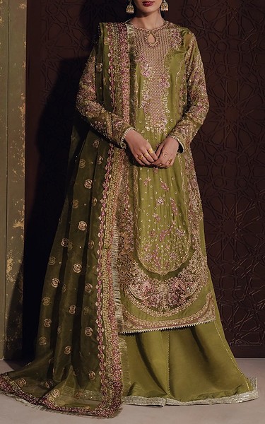 Zarposh Olive Raw Silk Suit | Pakistani Embroidered Chiffon Dresses USA- Image 1