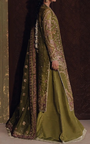 Zarposh Olive Raw Silk Suit | Pakistani Embroidered Chiffon Dresses USA- Image 2