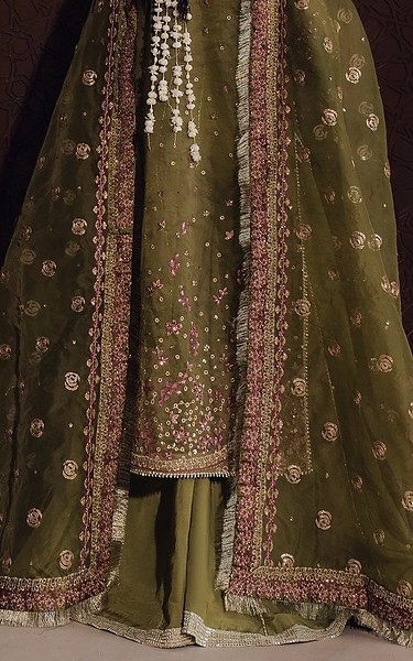 Zarposh Olive Raw Silk Suit | Pakistani Embroidered Chiffon Dresses USA- Image 3