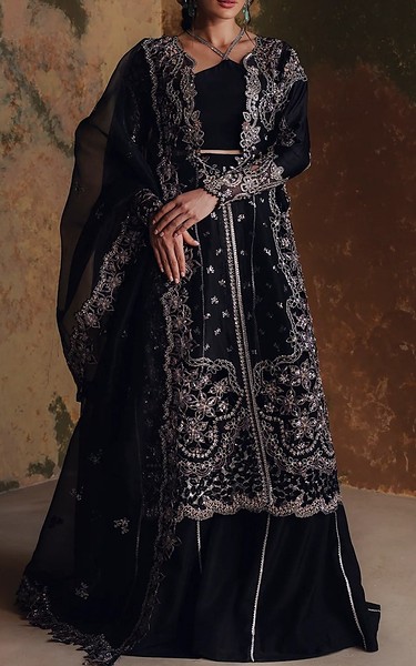 Zarposh Black Organza Suit | Pakistani Embroidered Chiffon Dresses USA- Image 1