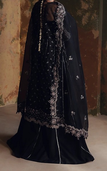 Zarposh Black Organza Suit | Pakistani Embroidered Chiffon Dresses USA- Image 3