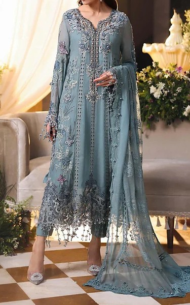 Zenia Grey Chiffon Suit | Pakistani Embroidered Chiffon Dresses USA- Image 1