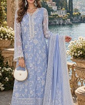 Saadia Asad Dark Pastel Blue Organza Suit- Pakistani Chiffon Dress