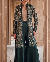 Threads and Motifs Bottle Green Masoori Suit- Pakistani Chiffon Dress