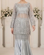 Threads and Motifs Grey Organza Suit- Pakistani Designer Chiffon Suit