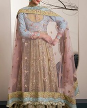 Xenia Sky Blue/Sand Gold Raw Silk Suit- Pakistani Designer Chiffon Suit