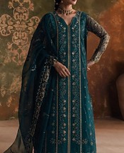 Zarposh Teal Organza Suit- Pakistani Chiffon Dress