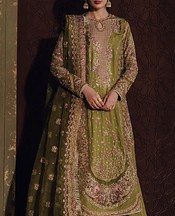 Zarposh Olive Raw Silk Suit- Pakistani Designer Chiffon Suit