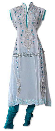  White/Turquoise Cotton Lawn Suit | Pakistani Dresses in USA- Image 1