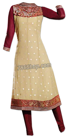  Cream/Maroon Chiffon Suit | Pakistani Dresses in USA- Image 1