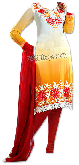  White/Mustard/Red Chiffon Suit | Pakistani Dresses in USA- Image 1