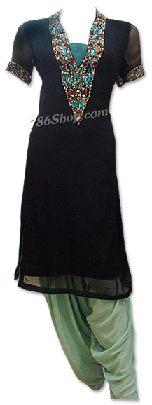  Black/Sea Green Chiffon Suit | Pakistani Dresses in USA- Image 1