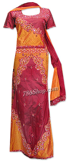  Maroon/Orange Katan Silk Lehnga | Pakistani Wedding Dresses USA- Image 1