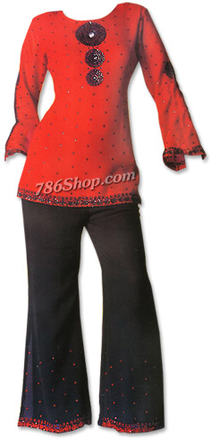  Red/Black Chiffon Trouser Suit | Pakistani Dresses in USA- Image 1