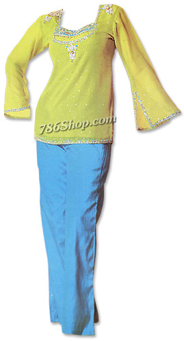  Parrot Green/Turquoise Chiffon Trouser Suit | Pakistani Dresses in USA- Image 1