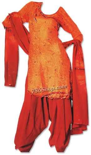  Orange/Red Jamawar Silk Suit | Pakistani Dresses in USA- Image 1
