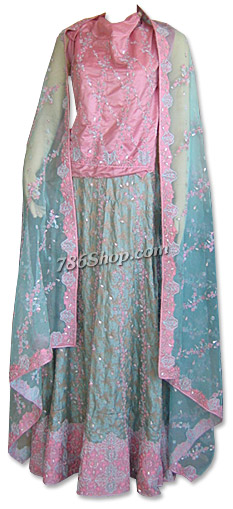  Pink/Light Green Silk Lehnga  | Pakistani Wedding Dresses- Image 1