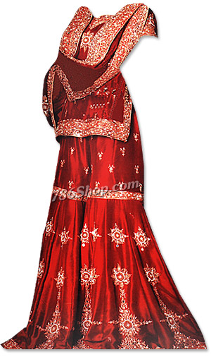  Red Satin Silk Gharara | Pakistani Wedding Dresses- Image 1