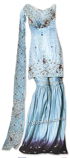  Sky Blue Satin Silk Gharara | Pakistani Wedding Dresses- Image 1