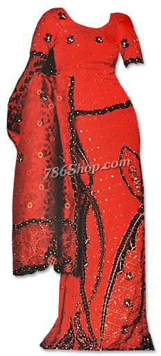  Red Katan Silk Lehnga | Pakistani Wedding Dresses USA- Image 1
