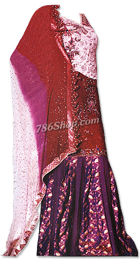  Pink/Maroon/Magenta Silk Lehnga | Pakistani Wedding Dresses USA- Image 1
