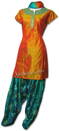  Orange/Green Pure Silk Suit | Pakistani Dresses in USA- Image 1