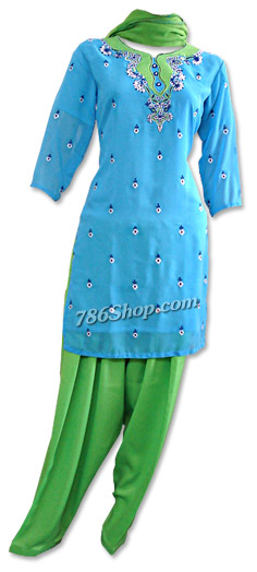  Blue/Green Chiffon Suit | Pakistani Dresses in USA- Image 1