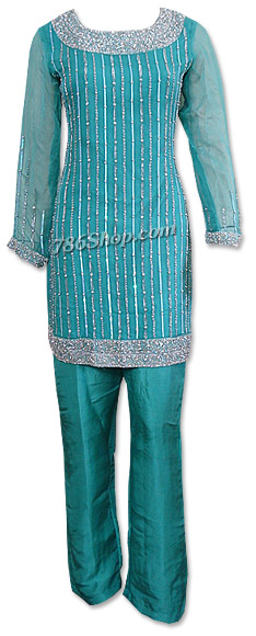  Sea Green Crinkle Chiffon Suit | Pakistani Dresses in USA- Image 1