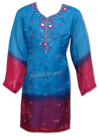  Blue/Shocking Pink Chiffon Suit | Pakistani Dresses in USA- Image 1