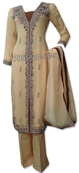  Light Golden Crinkle Chiffon Suit | Pakistani Dresses in USA- Image 1
