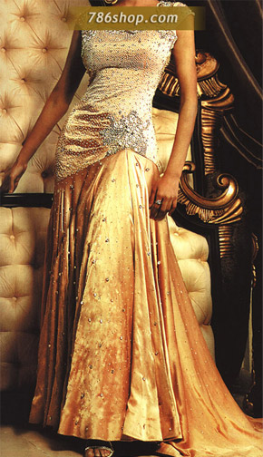  Golden Silk Lehnga | Pakistani Party Wear Dresses- Image 1