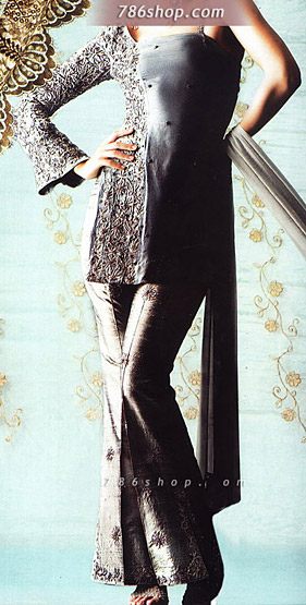 Grey Chiffon Trouser Suit | Pakistani Party Wear Dresses- Image 1