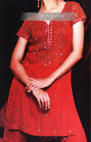  Red Chiffon Trouser Suit | Pakistani Party Wear Dresses- Image 1