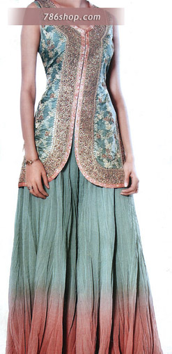  Turquoise Jamawar Zarri Lehnga | Pakistani Party Wear Dresses- Image 1